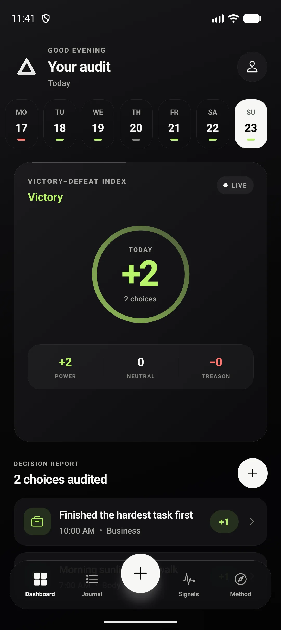 Delta dashboard showing a Victory day and its audited choices